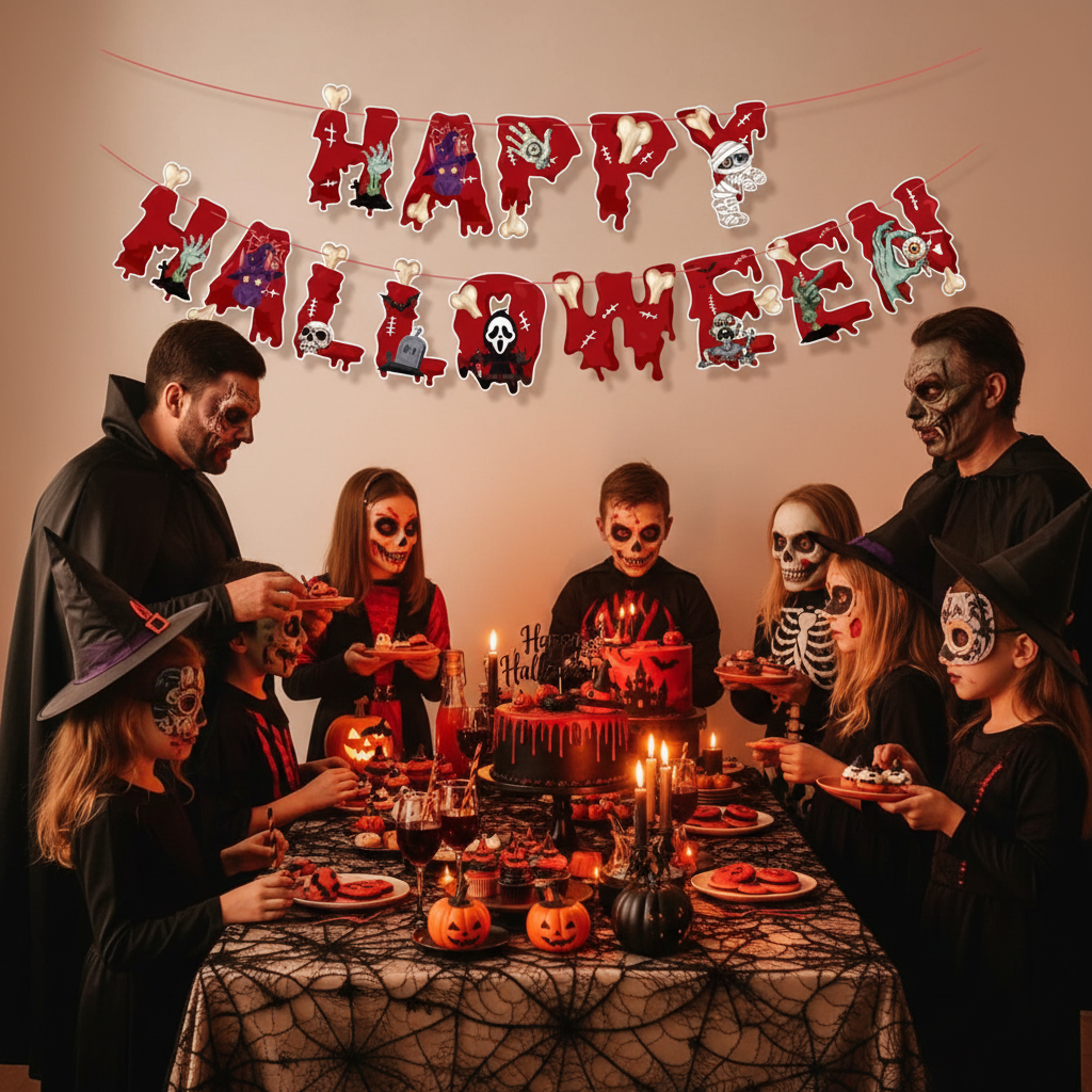 Halloween Banner with Costumed People